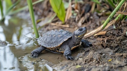 Obraz premium A baby alligator snapping turtle resting on a riverbank