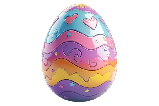 Vibrant Easter egg with embossed patterns of waves, stars, and hearts in pastel colors isolated on white transparent background. Festive holiday decoration concept