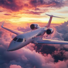 A luxury private jet airplane overflying cloudy skies at sunset