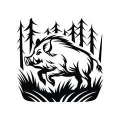 Stylized Black Silhouette of Running Wild Boar Among Forest Trees and Grass