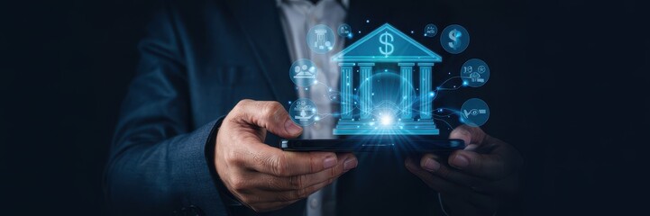 Digital bank building projected onto a mobile device.