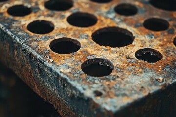 Rusted metal grid with holes, textures, and aged appearance. Use this image for backgrounds or to depict industry.