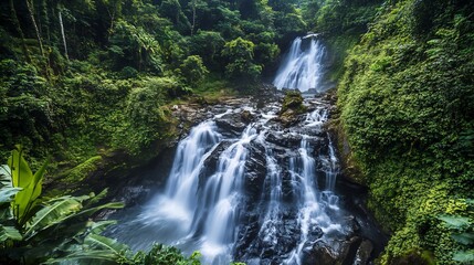 Fototapeta premium Serene Waterfall Cascading Through Lush Tropical Forest