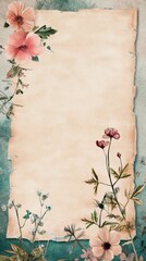 Distressed paper sheet with floral embellishments, perfect for a textured background, scrapbooking, stationary, or invitation creation
