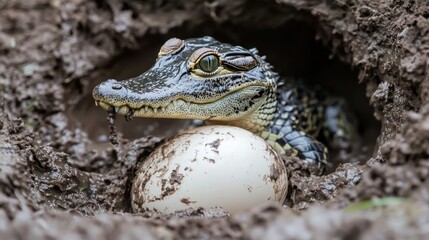 A baby crocodile hatching from an egg in a muddy nest