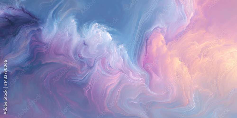 Poster abstract image with flowing pastel blue, pink, and peach colors creating a dreamy, ethereal effect, 