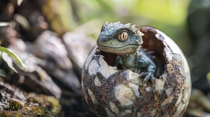 A baby dragon-like lizard peeking out from a fantasy-inspired egg