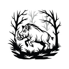 Wild Boar Silhouette Running Through Dense Forest Monochrome Design