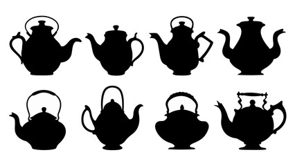 set of teapots silhouette vector on tranparent background