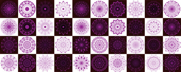 Obraz premium Mandala set with creative shape for greeting, card, brand, business, Halfon, packaging, gift card, template, decoration | Abstract floral icon set with black-white background violet stroke 40 shape