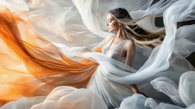 Beautiful woman model with elegant fabrics of chiffon, silk, and gauze swirling dynamically yet gracefully, weaving around each other in a synchronized dance	