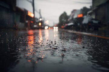 Raindrops on a City Street at Night