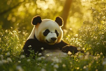 Giant panda resting in a field of white flowers bathed in golden sunlight in a natural habitat