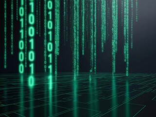 Digital Rain of Green Binary Code Falling on Circuit Board Surface