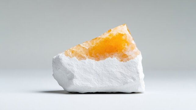 Raw orange calcite crystal specimen on a white matrix base sits isolated on a light grey studio background.