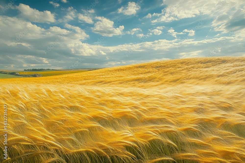Aufkleber golden wheat field gently swaying in the wind under a partly cloudy sky.