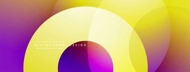 Abstract vibrant circles overlap. Gradient colors blendpurple, yellow, pink. Modern design creates dynamic visual impact.