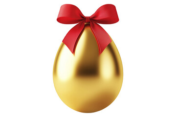 Golden Easter egg with red bow on top, isolated on white transparent background. Symbol of luxury, celebration, and holiday festivity