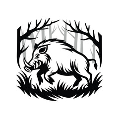 Monochrome Boar Silhouette Wild Pig in Forest, Minimalist Design, Animal