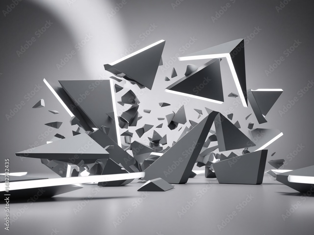 Poster abstract composition of gray triangles with glowing edges