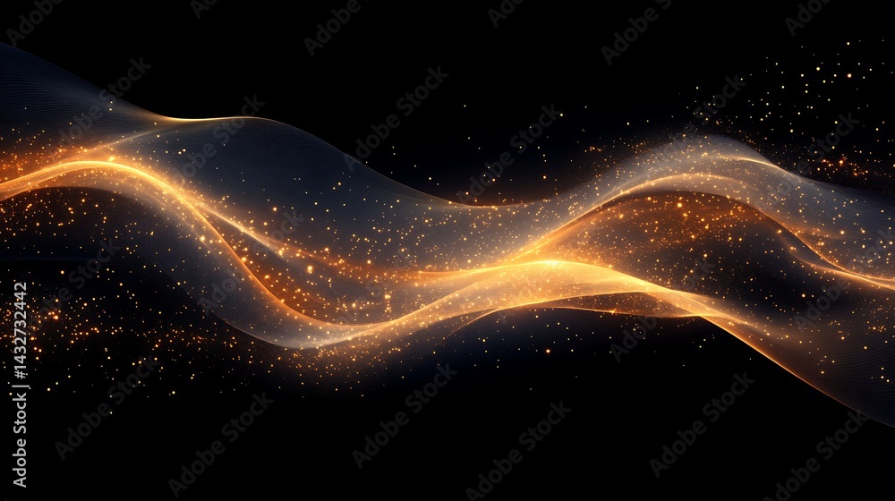 Poster abstract golden wave with sparkling particles on a black background