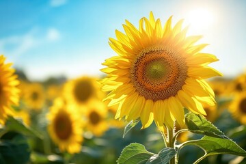 Fototapeta premium A vibrant sunflower basks in sunlight, surrounded by a field of its kin under a bright blue sky.