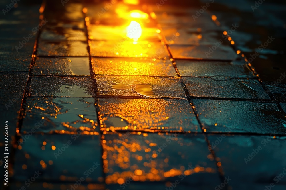 Poster wet cobblestone pavement glistening under warm streetlight, creating a captivating scene.