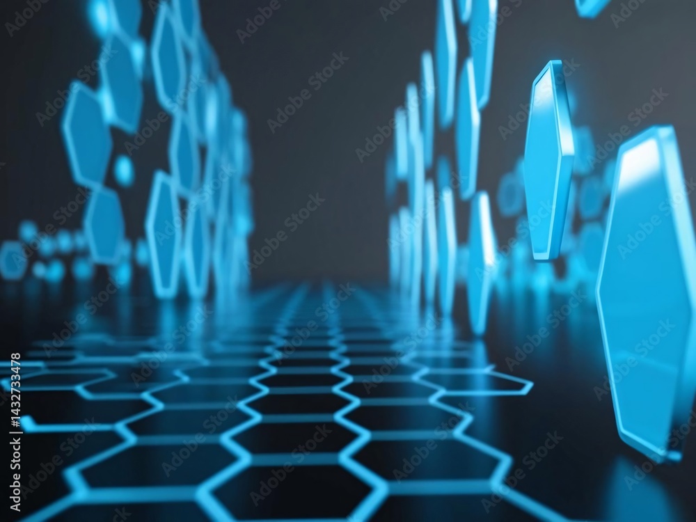 Poster abstract blue geometric hexagons illuminating technological network on a dark surface