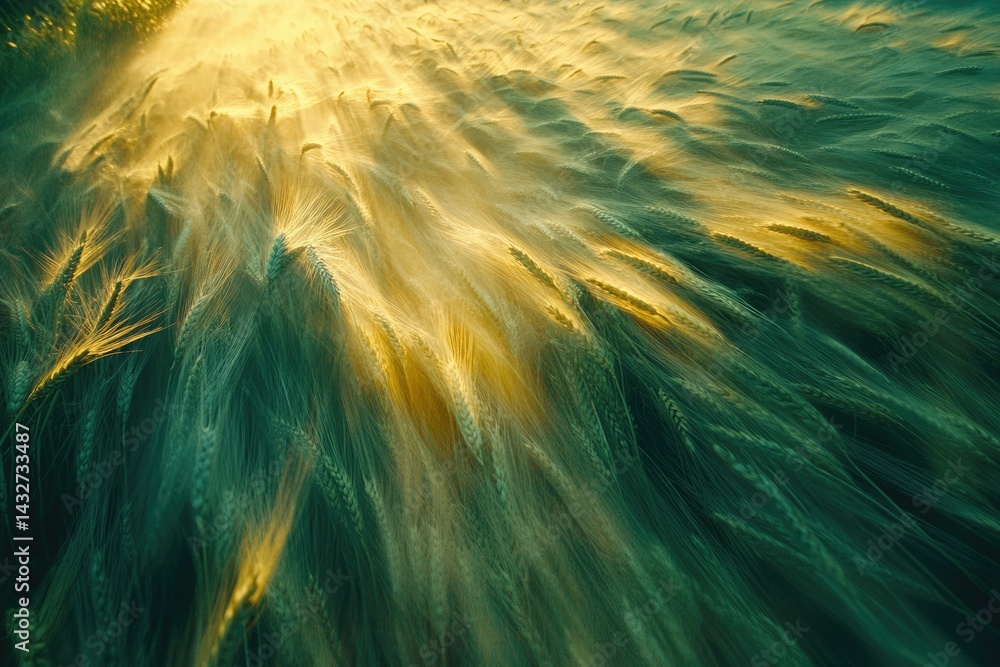 Poster golden wheat field at sunset, sunlit stalks sway gently in the breeze, creating a mesmerizing scene.