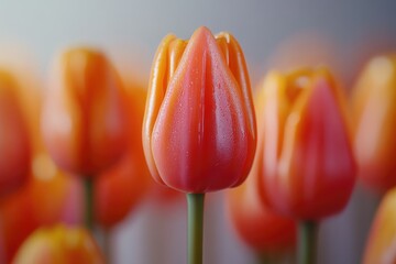 Obraz premium Close-up of a vibrant orange tulip, surrounded by others in soft focus, showcasing springtime beauty.