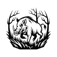 Stylized Boar Silhouette in Forest, Wild Animal, Monochrome Nature, Minimalist Art