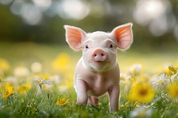 Happy cute piglet on the green lawn, Love animals, eat vegetable not meat for healthy life ,Curious piglet in sunny meadow gazes 