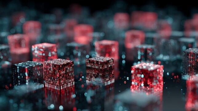 Futuristic 3D blockchain data classification network with glowing transparent ledger blocks visualizing enhanced scrutiny, safety, and reliability in secure digital transactions