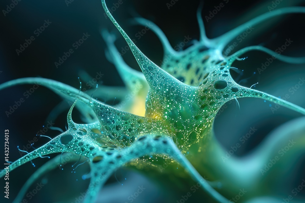 Aufkleber microscopic view of a complex, intricate neural network, glowing with vibrant teal and gold hues.