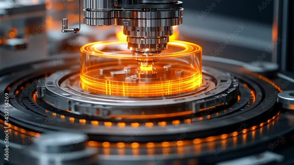 Poster high-tech machinery in action, focusing on a glowing orange component in a futuristic workshop