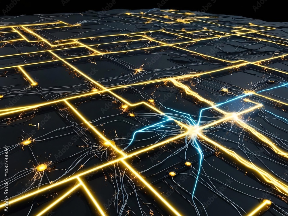 Poster abstract glowing network with interconnected data nodes on black background.