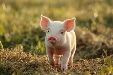 Young pig in a spring green grass,funny young pig is standing on the green grass ,Happy piglet on the meadow
