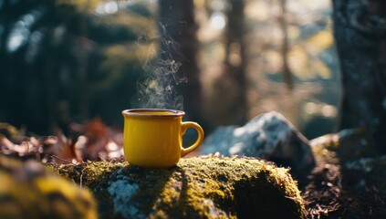 A steaming yellow mug rests on a mossy rock in a sun-dappled forest.