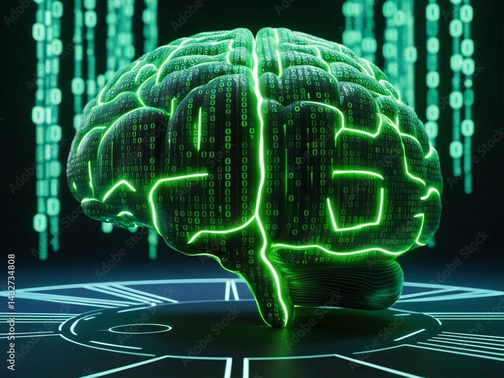 Poster digital brain with glowing binary code, artificial intelligence concept