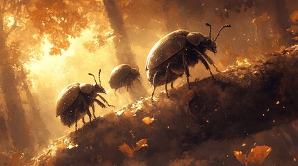 Fototapeta premium Beetles crawling on log in sunlit autumn forest with falling leaves backdrop