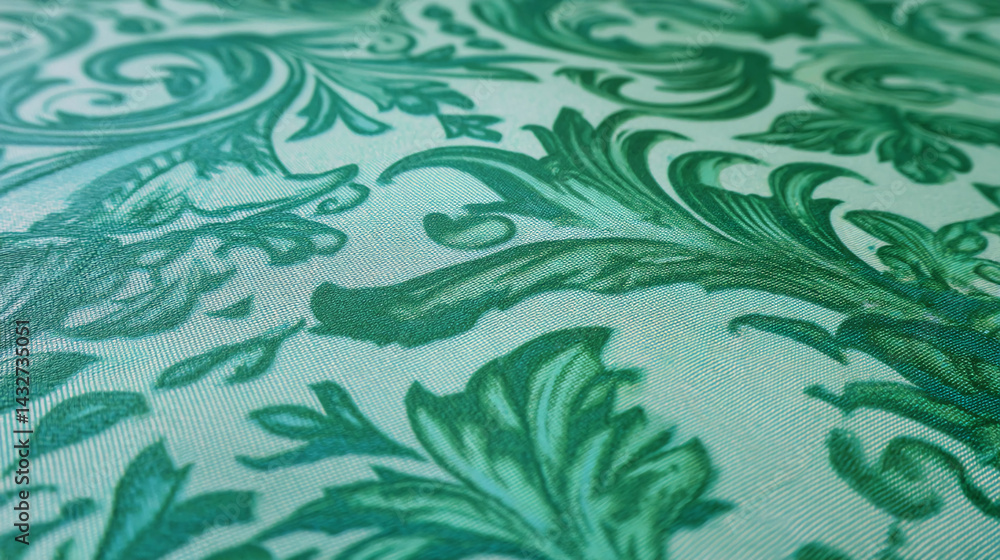 Poster close-up of teal fabric texture with ornate green floral damask pattern, showing detail and texture 