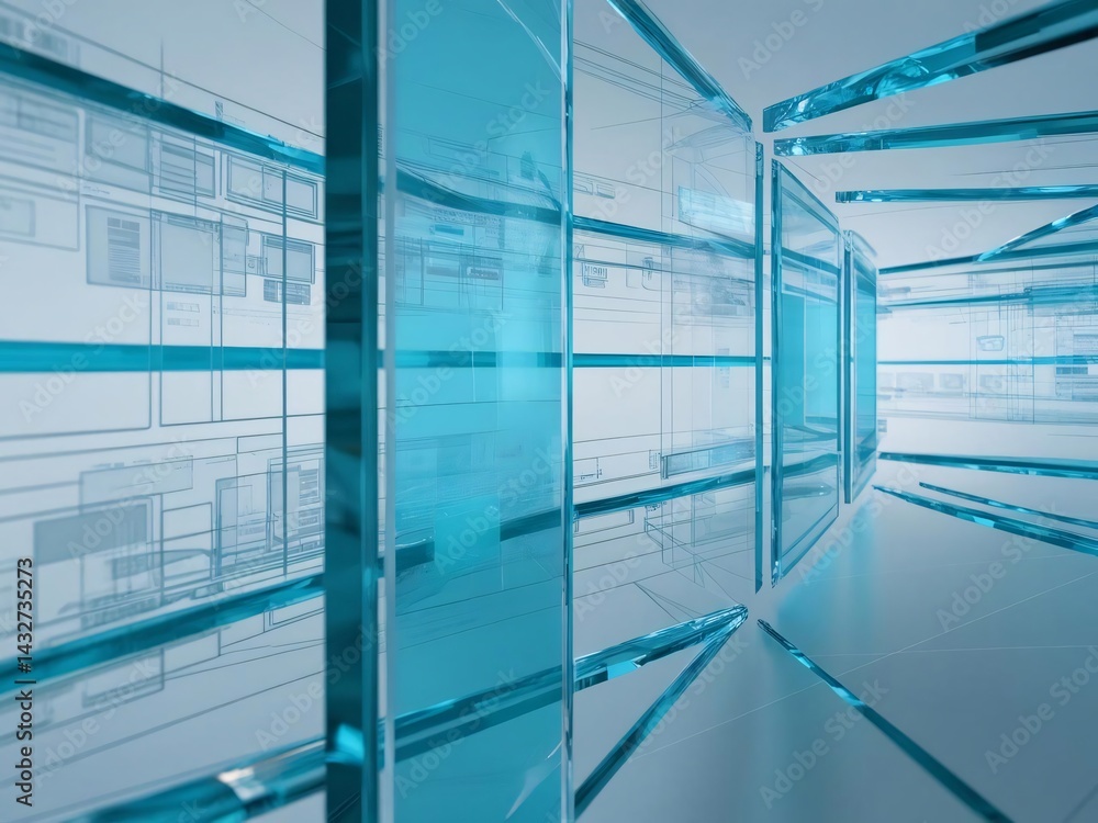 Poster abstract architecture with cyan glass and wireframe designs
