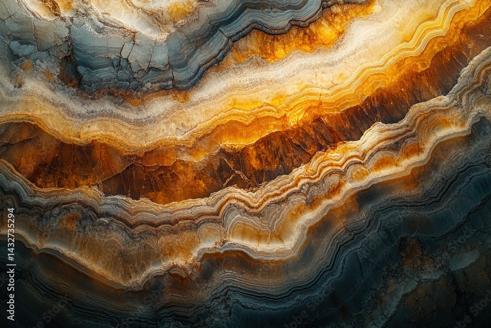 Poster close-up view of layered onyx stone, showcasing its rich, warm colors and intricate banding patterns
