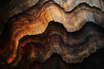 Obraz premium Intricate, undulating layers of dark, rich wood grain, resembling a geological formation.