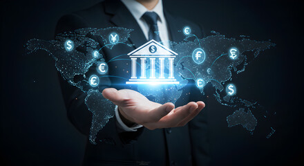 Businessman presenting holographic bank icon over global map with currency symbols, representing international finance, global banking, and fintech solutions