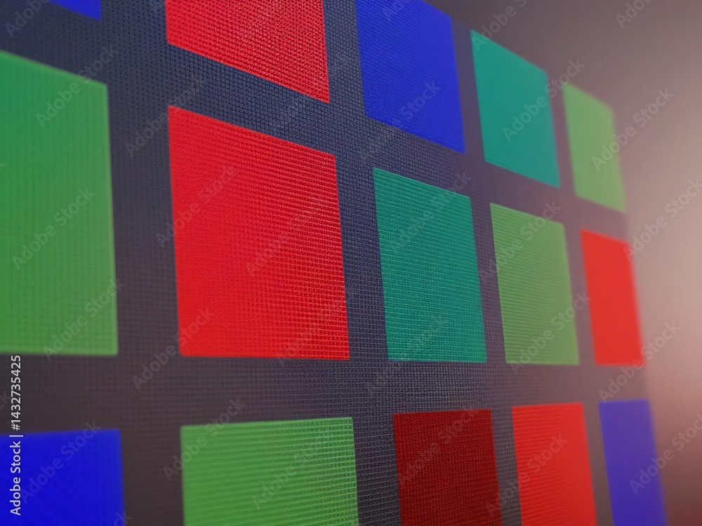 Poster close-up of a screen displaying a pattern of colored squares in red, green, and blue