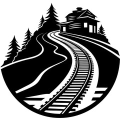 Fototapeta premium Silhouette of a railway track curving around a hill with a train approaching