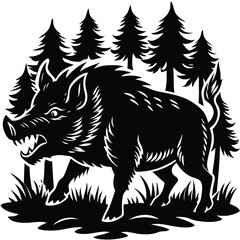 Silhouette of Aggressive Wild Boar Hog Snarling in Forest Trees Black and White Simple