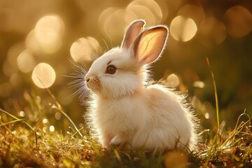 Cute lit ,Cute white rabbit on green grass in the gardentle rabbit on green grass in park ,Drawn small white rabbit on green grass on rainbow background
