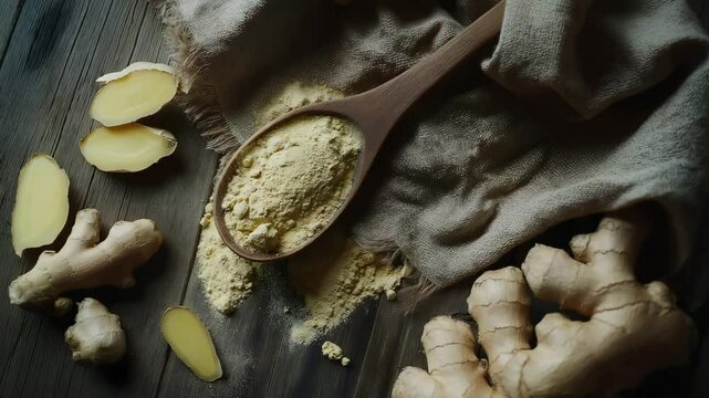 Ginger powder in wooden spoon surrounded by ginger root on a rustic cloth on wooden table	